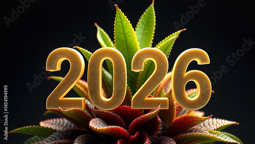 Beige large 3D text, 2026, and decorative plant, on dark background.