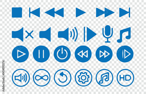 Blue Media player flat icons set.  Play, pause, next, previous, faster, slow down, record button sign, symbol vector illustration Eps 10