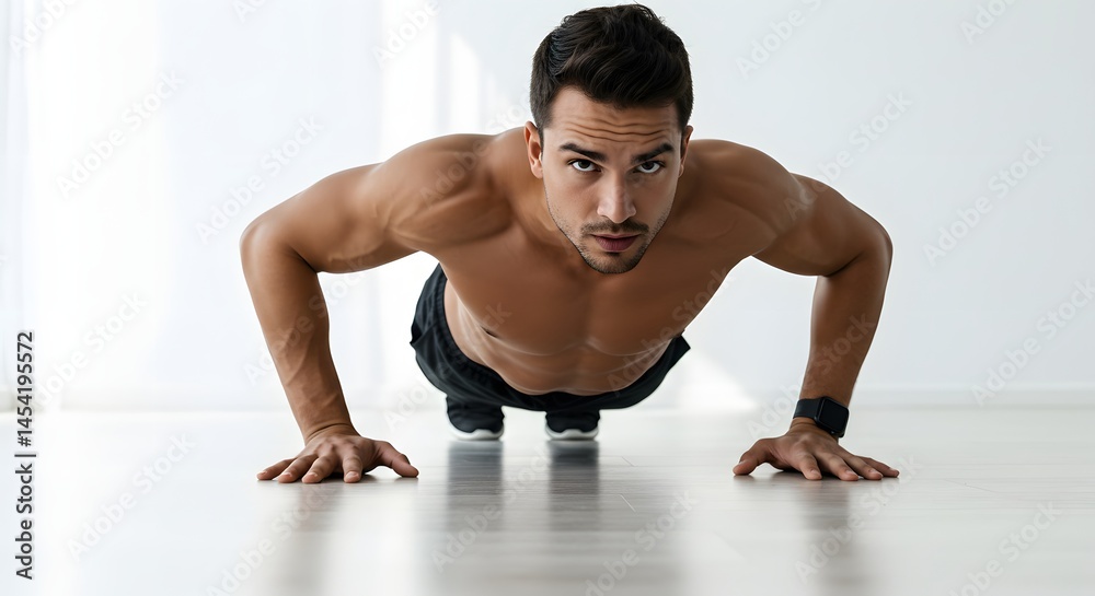A muscular man doing pushups on a white floor looking directly at the camera with determination in his eyes A muscular man doing pushups on a white floor looking directly at the camera with determination in his eyes