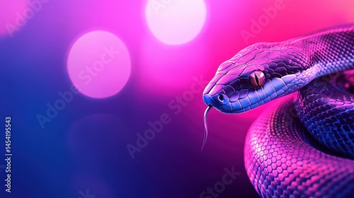 Close-up of a vibrant snake with striking colors against a blurred neon background