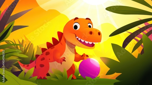 A cheerful dinosaur playing with a purple ball in a vibrant jungle during sunset