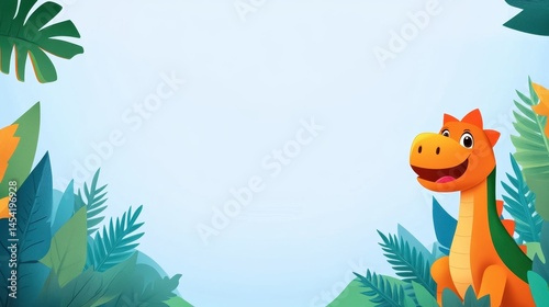 Colorful cartoon dinosaur smiling in a lush jungle setting with vibrant foliage