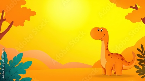 Cheerful cartoon dinosaur standing in a vibrant autumn landscape under a bright sun