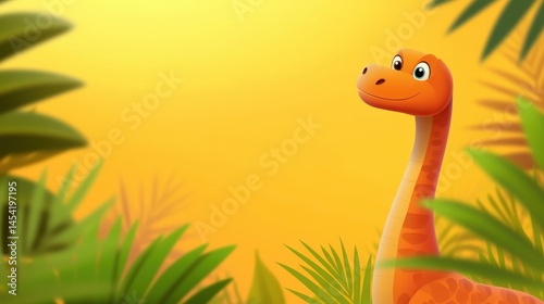 Cartoon dinosaur smiling amidst lush tropical foliage with a vibrant yellow background