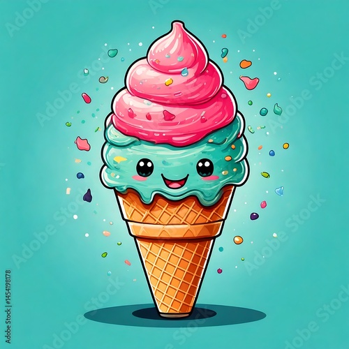 Cute Ice Cream Mascot Cartoon with Face on isolated Background