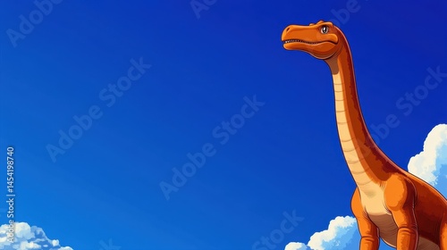 A majestic orange dinosaur gazes into the clear blue sky with fluffy clouds surrounding