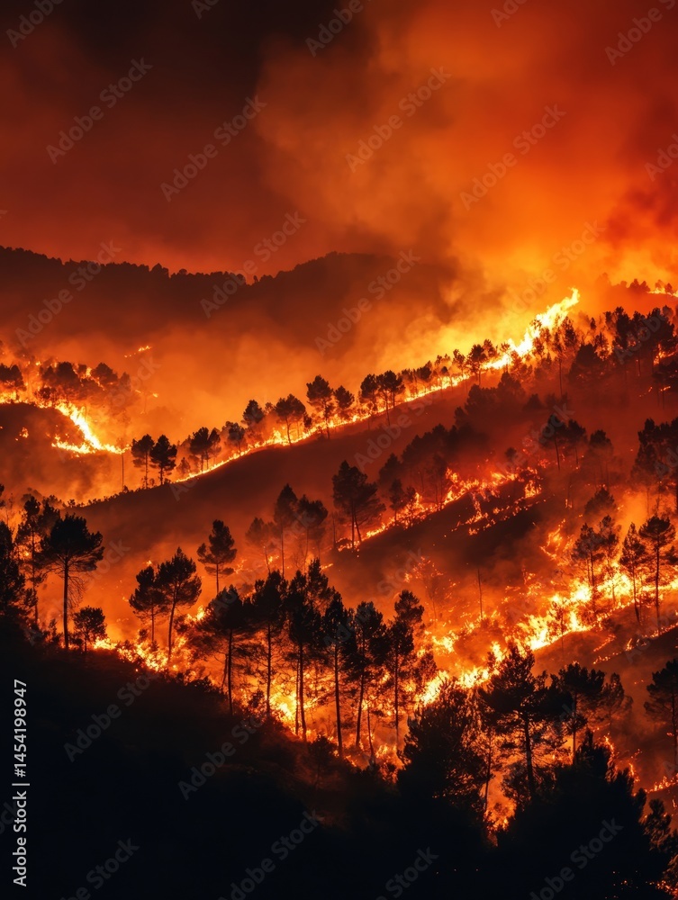 Burning forest, flames engulf trees, wildfires devastate natural landscape.