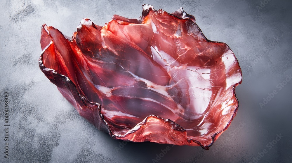 A rose quartz slice with natural swirl patterns, photographed on a dark surface against a light background.