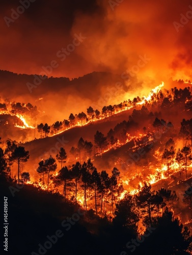 Obraz na płótnie Burning forest, flames engulf trees, wildfires devastate natural landscape. w salonie