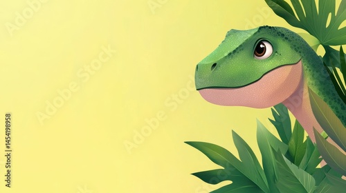 Colorful cartoon dinosaur peeking through lush green foliage against a bright yellow background