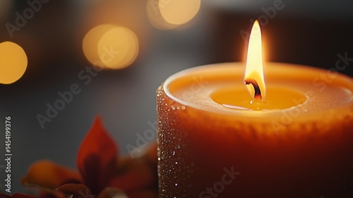 Obraz na płótnie Candle with a lit flame in the center, creating warmth and a soft glow. Great for decorative purposes or setting an intimate mood. w salonie