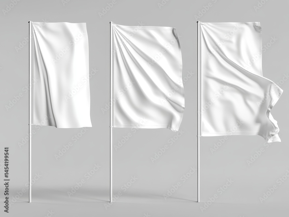 Three white flags on poles, representing unity or a symbolic event. The flags are blowing in the wind against a gray backdrop.