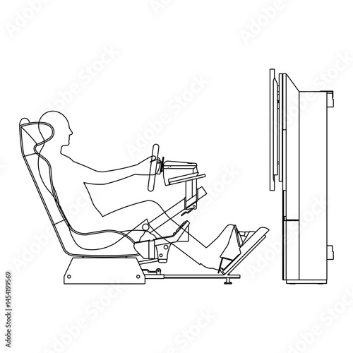 Virtual Driver Sim setup silhouette with seated figure steering wheel pedals  monitor