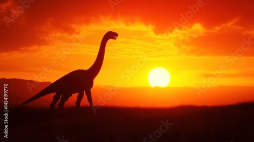 Silhouette of a dinosaur against a vibrant sunset over rolling hills, evoking a prehistoric scene