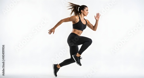 Woman in black sportswear running on a white background with her hair in a ponytail mid air jump