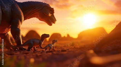 A majestic dinosaur family walks through a prehistoric landscape at sunset, showcasing nature's beauty