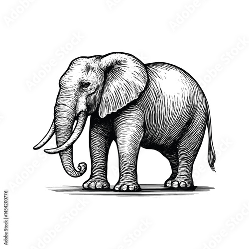 Vintage Elephant Illustration - Black and White Line Art, drawn in an engraved, woodcut style with fine details sketch engraving vector illustration. Scratch board imitation. Black and white image. 