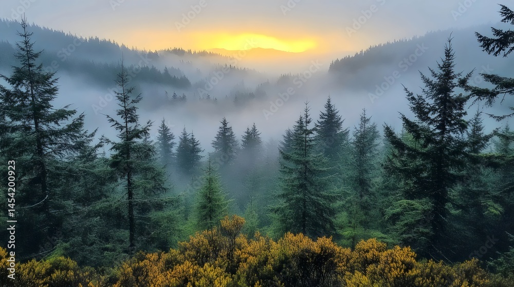 Mystical forest bathed in soft fog at sunset, creating an enchanting and beautiful natural view.