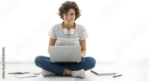 A young woman sitting cross legged on the floor working on a laptop with headphones around her neck