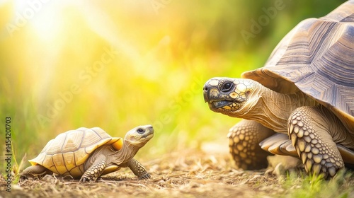 A young turtle interacts with an adult turtle in a sunlit grassy environment