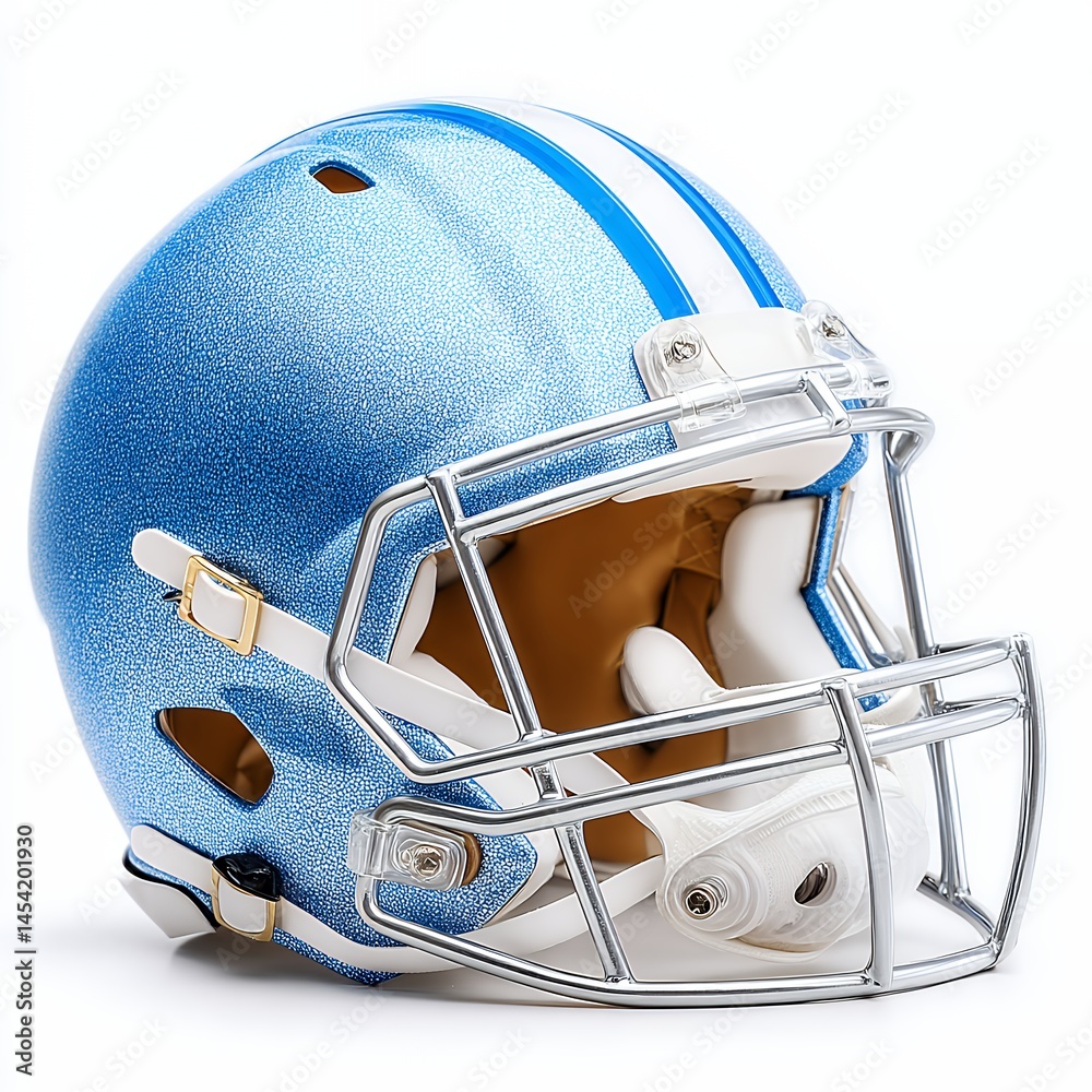 Fototapeta premium Close up view of a light blue speckled football helmet with a chrome facemask, set against a plain white background. The helmet shows detail in its texture and design. 