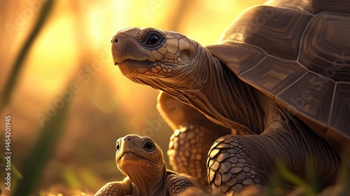 Two tortoises basking in the warm sunlight amidst lush grass, showcasing a serene moment in nature