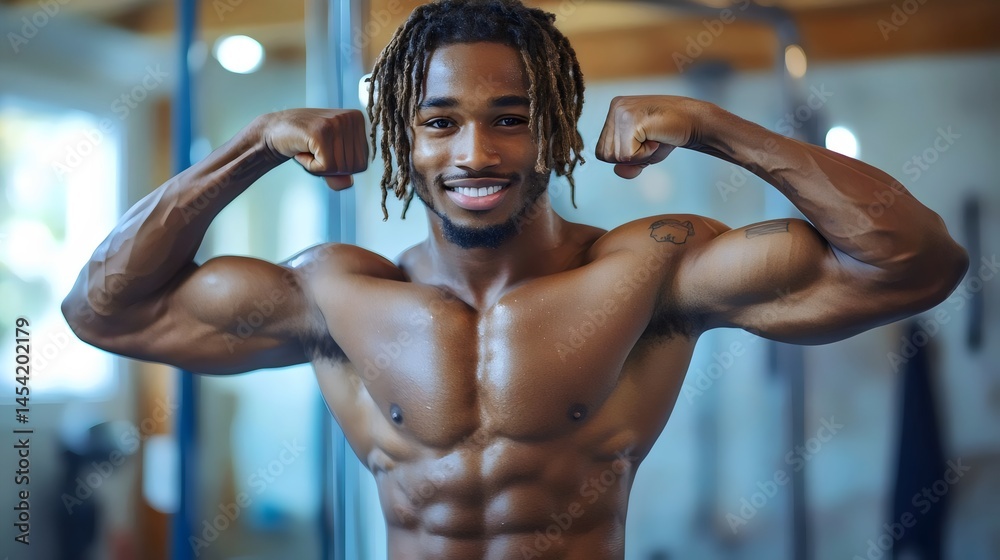 A smiling, muscular man flexes his arms to show off his strength and fitness in the gym environment. A smiling, muscular man flexes his arms to show off his strength and fitness in the gym environment.