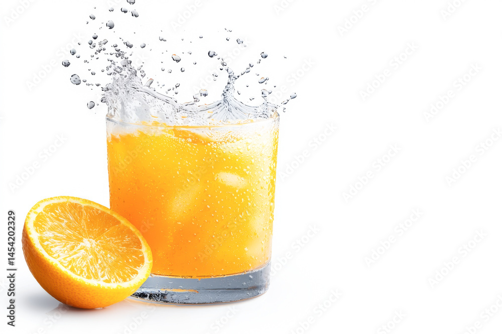 Refreshing orange beverage with splash of water, perfect for summer enjoyment. Refreshing orange beverage with splash of water, perfect for summer enjoyment.
