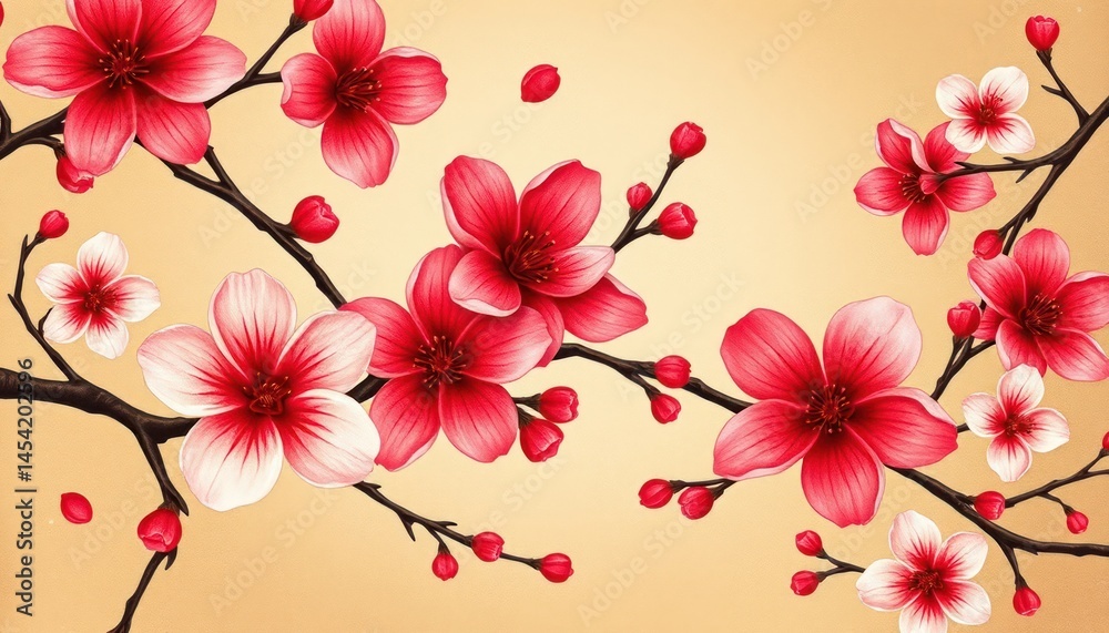 Fototapeta premium Elegant display of cherry blossom branches with a delicate combination of red and white petals on a soft golden background