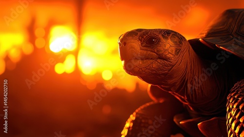 Close-up of a tortoise against a vibrant sunset backdrop with blurred silhouettes