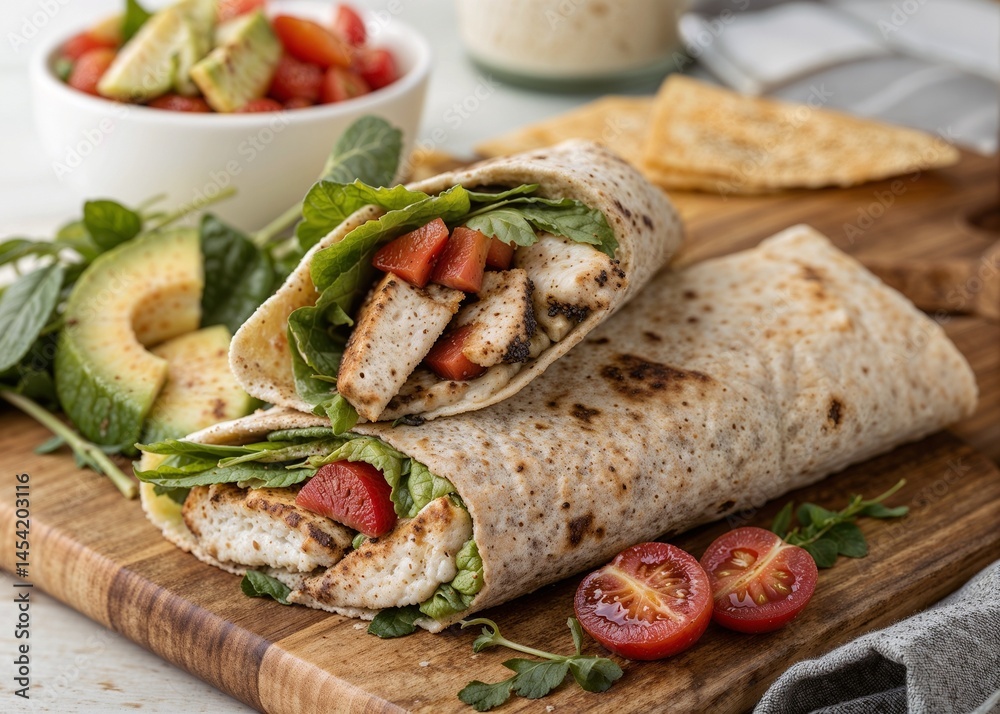 A delicious grilled chicken and avocado wrap packed with crisp greens and ripe, juicy tomatoes, all wrapped in a warm whole wheat tortilla — the perfect wholesome lunch A delicious grilled chicken and avocado wrap packed with crisp greens and ripe, juicy tomatoes, all wrapped in a warm whole wheat tortilla — the perfect wholesome lunch