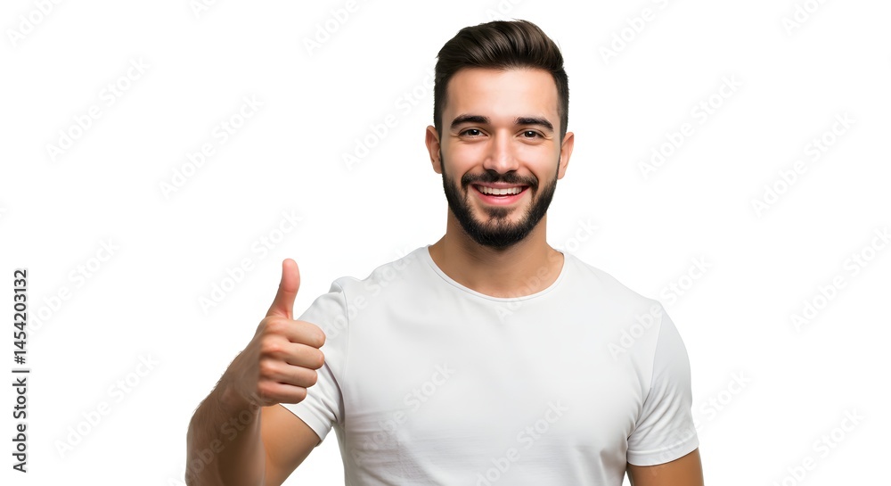 A smiling man with a beard wearing a white shirt giving a thumbs up on a white background is visible A smiling man with a beard wearing a white shirt giving a thumbs up on a white background is visible