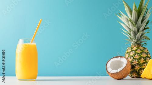 Refreshing tropical drink with pineapple and coconut on a vibrant blue background.