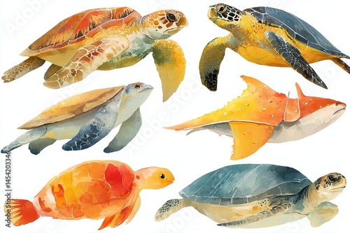 Watercolor illustrations of sea turtles and tropical fish in vibrant colors, ideal for educational materials, children’s books, environmental campaigns, or creative underwater-themed projects.