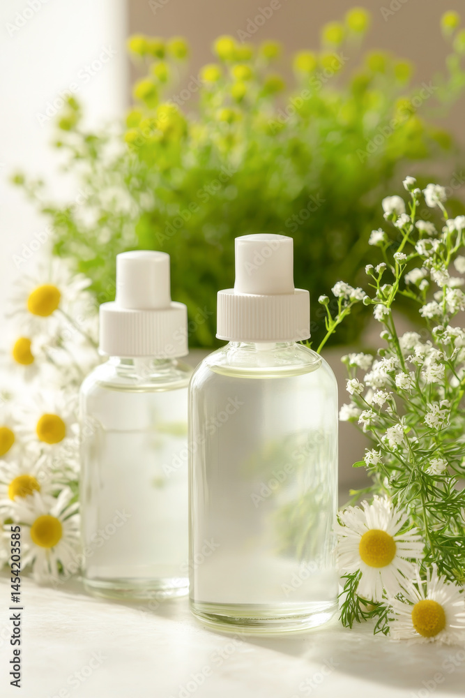 Serene beauty oils surrounded by fresh flowers, capturing a tranquil essence. Serene beauty oils surrounded by fresh flowers, capturing a tranquil essence.