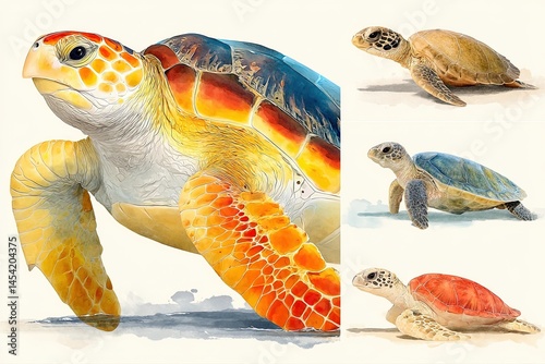 Watercolor illustrations of sea turtles and tropical fish in vibrant colors, ideal for educational materials, children’s books, environmental campaigns, or creative underwater-themed projects.