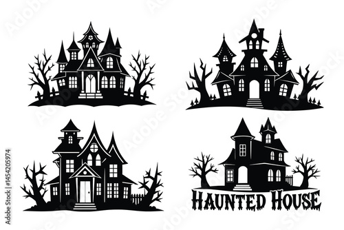 Four spooky silhouette haunted houses, perfect for Halloween design.