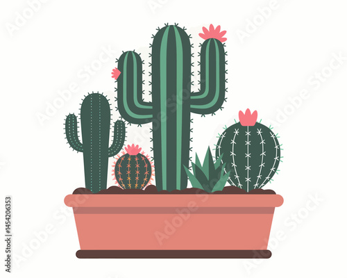 Decorative Cactus Plants in Pot Flat Vector Illustration Design