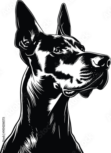 A cute black and white dog portrait drawing shows the head of a canine silhouette vector illustration