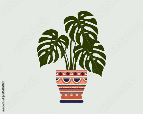 Monstera plant in patterned pot home decor vector