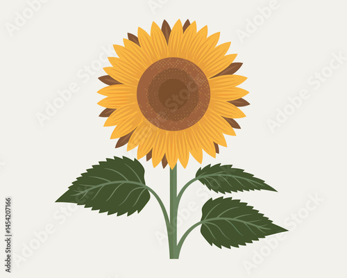 Illustration of a Single Sunflower with Green Leaves Vector