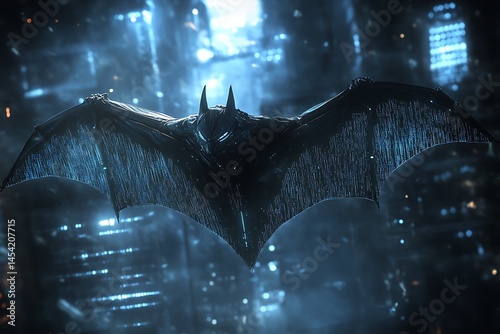 Dark vigilante soars, wings spread wide, against a cityscape lit by glowing lights