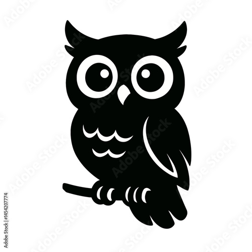 Cartoon owl silhouette with large eyes perched on branch in black vector style on transparent background