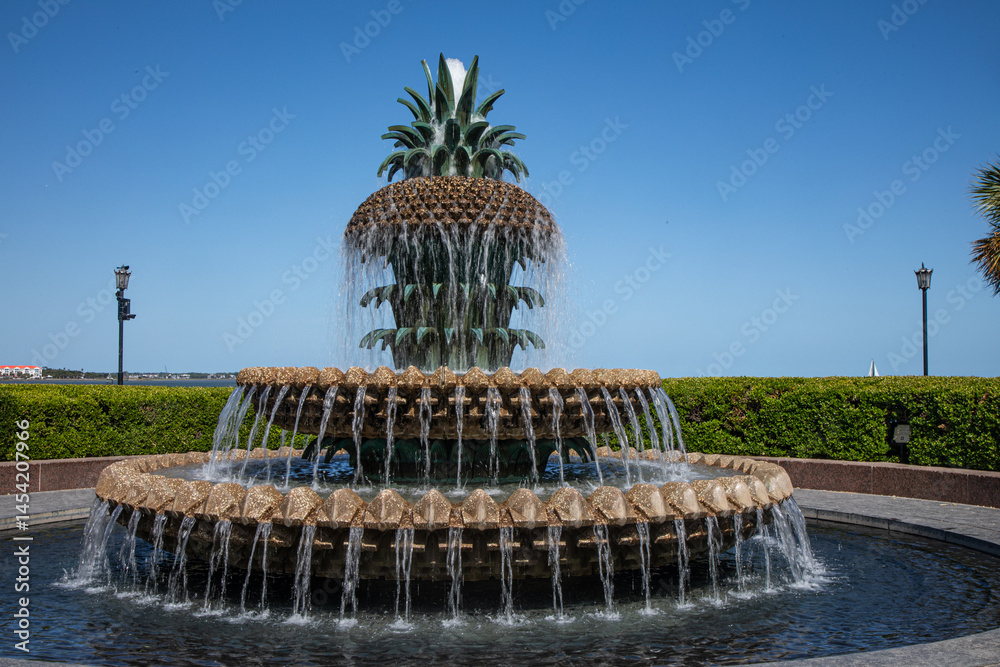 Fototapeta premium Charleston’s Pineapple Water Fountain in a Park next to the Bay