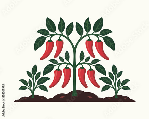 Red Chili Pepper Plant Growing on the Field Vector