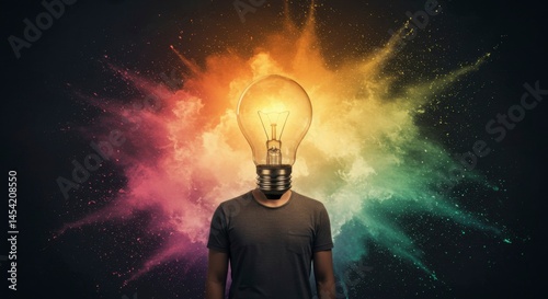 Lightbulb head, colorful explosion