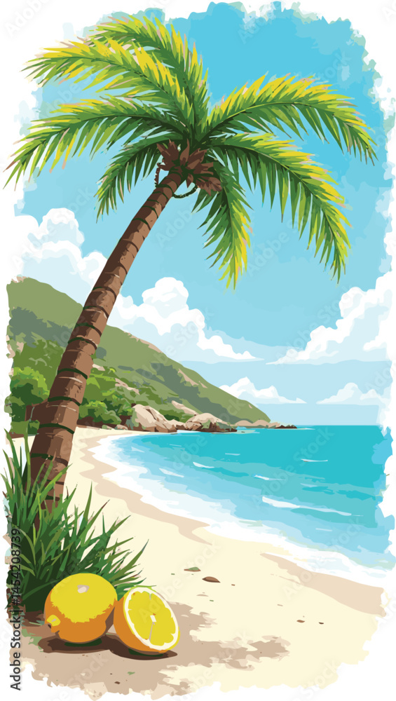 Create a Italian or greek style vacation hand drawn in grunge scribble rough doodle sketch style elements. Lemon, palm tree vacation in chalk charcoal style. Drawings for poster, placard. vector art w
