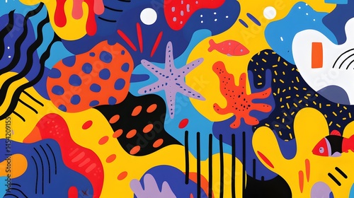 Vibrant aquatic inspired seamless pattern with marine life and abstract shapes