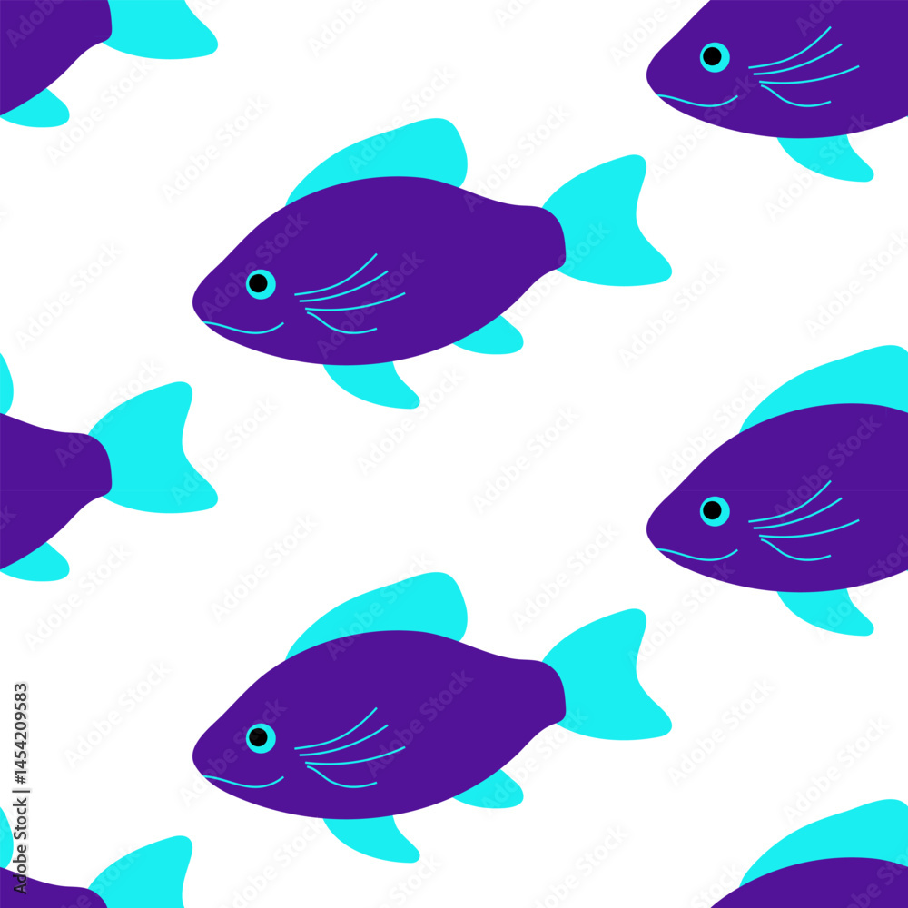 Fototapeta premium Seamless pattern with blue fish on a white background. Flat style. Design for wrapping paper, fabric, wallpaper. Vector illustration.