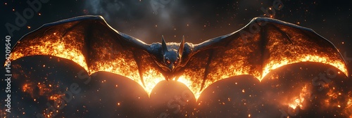 Burning bat with fiery wings takes flight amidst a smoky and fiery background. Intense colors. Dramatic, otherworldly atmosphere